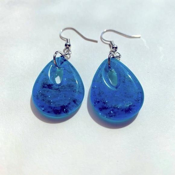 Glass Tear Drop Blue Earrings - Picture 2 of 5